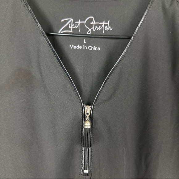 Zikit Stretch Black Sz L Scrub Top  Tassel Zipper Pockets Business Faux Leather - Picture 2 of 9